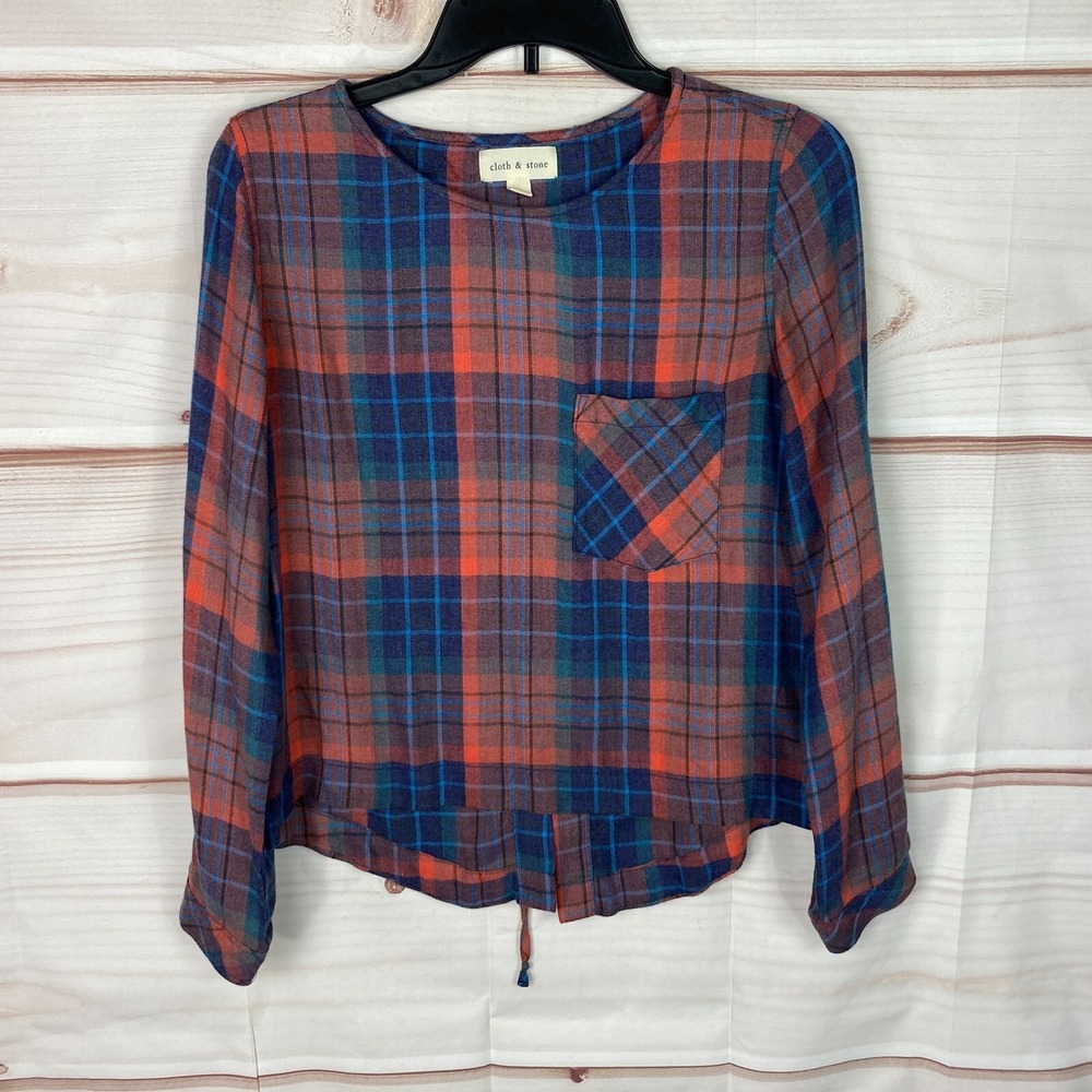 Cloth & Stone Top Womens XS Blue Orange Plaid Blouse Lace Up Back Soft Flannel